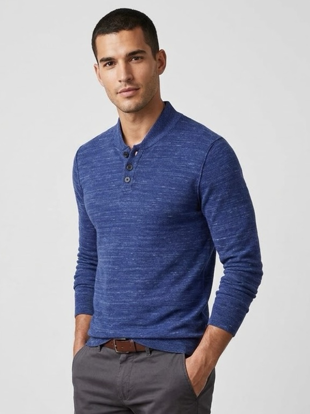 Express Men's Blue Heather Henley Sweater